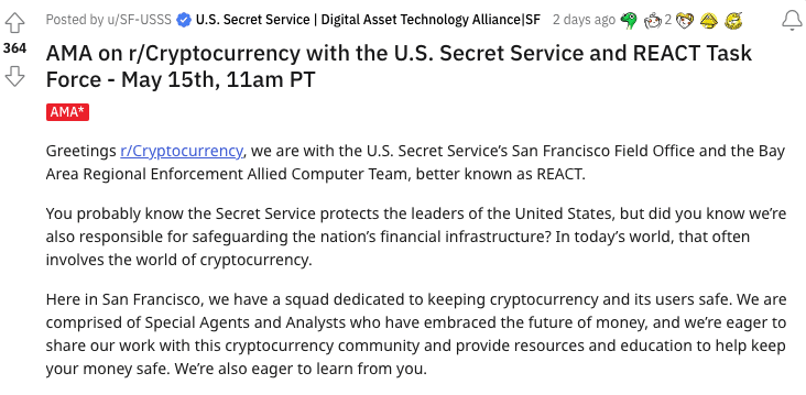 us secret service holds crypto praises blockchain tech in reddit ama 6462e9613c852