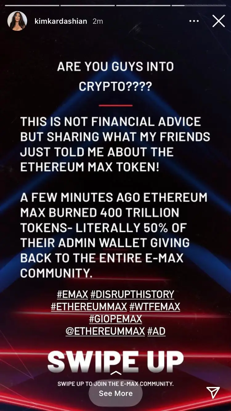 IG story where Kim Kardashian promotes Eth max