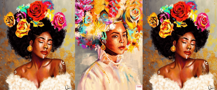 Three digital images of painting-like portraits of women with dark skin with colorful flowers in their hair.