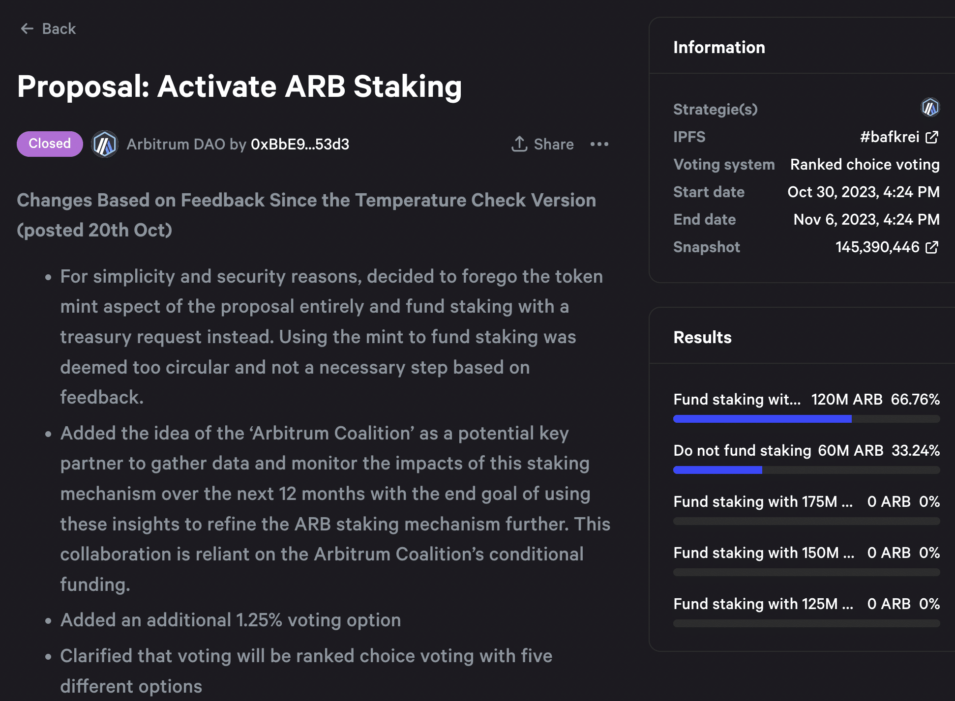 Snapshot for Arbitrum DAO proposal