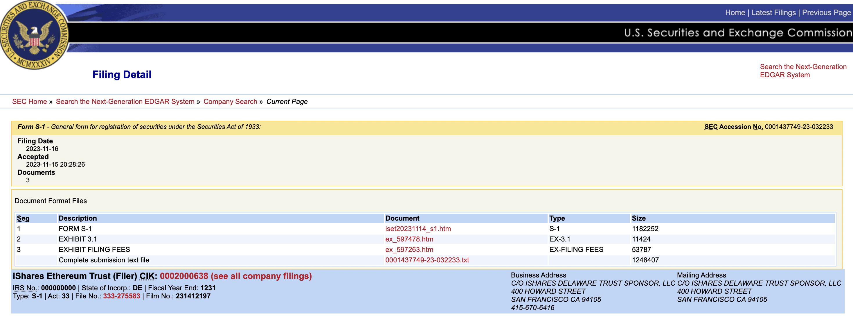 BlackRock Ethereum ETF filing